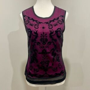 Vintage Y2K Guess Jeans Velvet Burnout Mesh Overlay Top Grunge Goth Whimsigoth